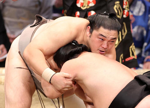 照強（右）を攻める隠岐の海（撮影・鈴木正人）