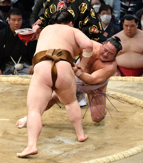 突き落としで王鵬（左）に敗れた琴恵光（撮影・岩下翔太）