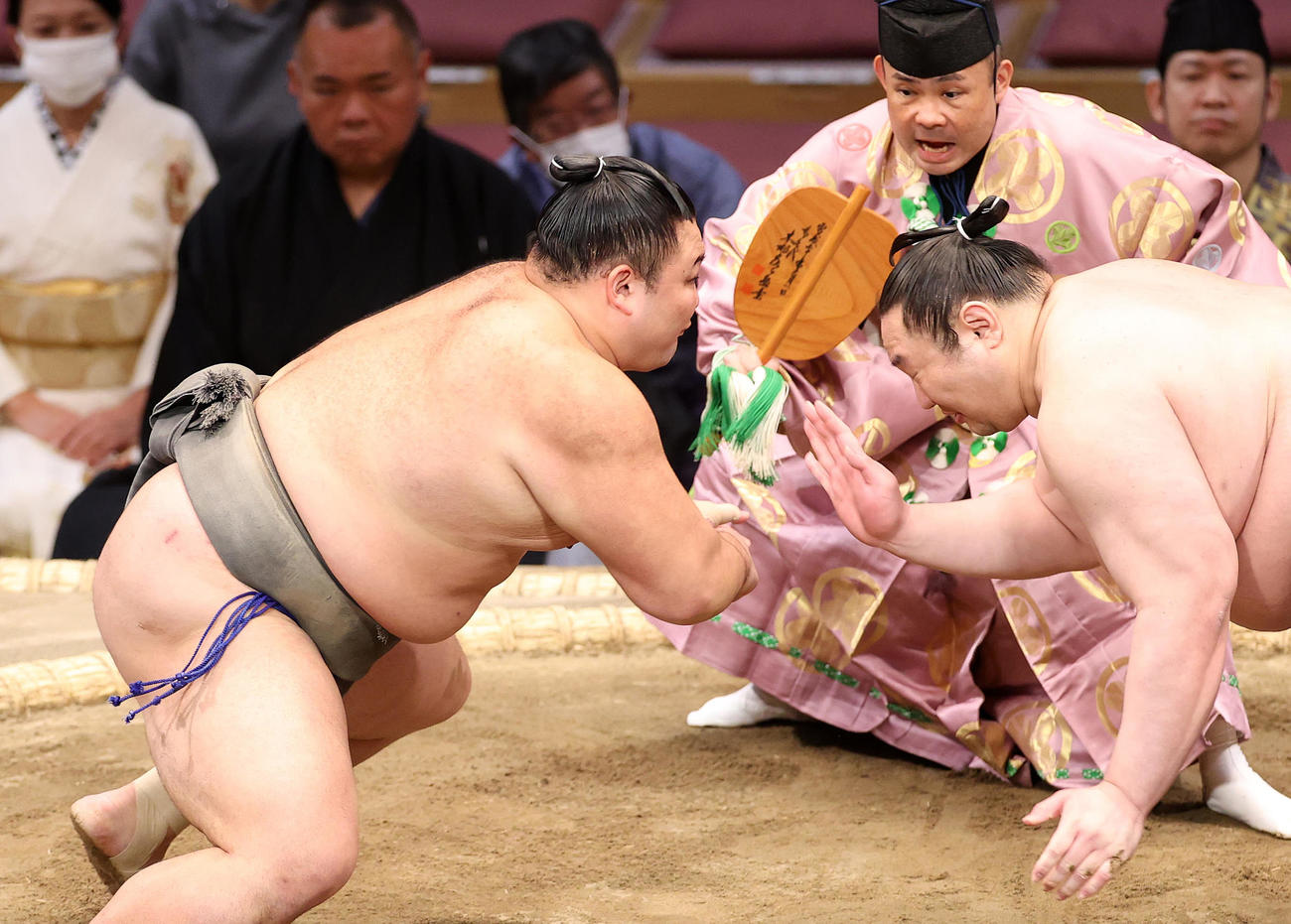 白鷹山（右）に鋭い立ち合いで攻める朝乃山（撮影・鈴木正人）