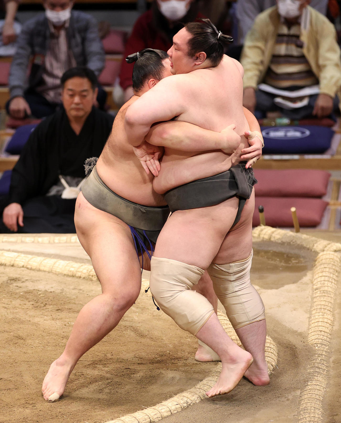 白鷹山（右）を寄り切りで破る朝乃山（撮影・鈴木正人）