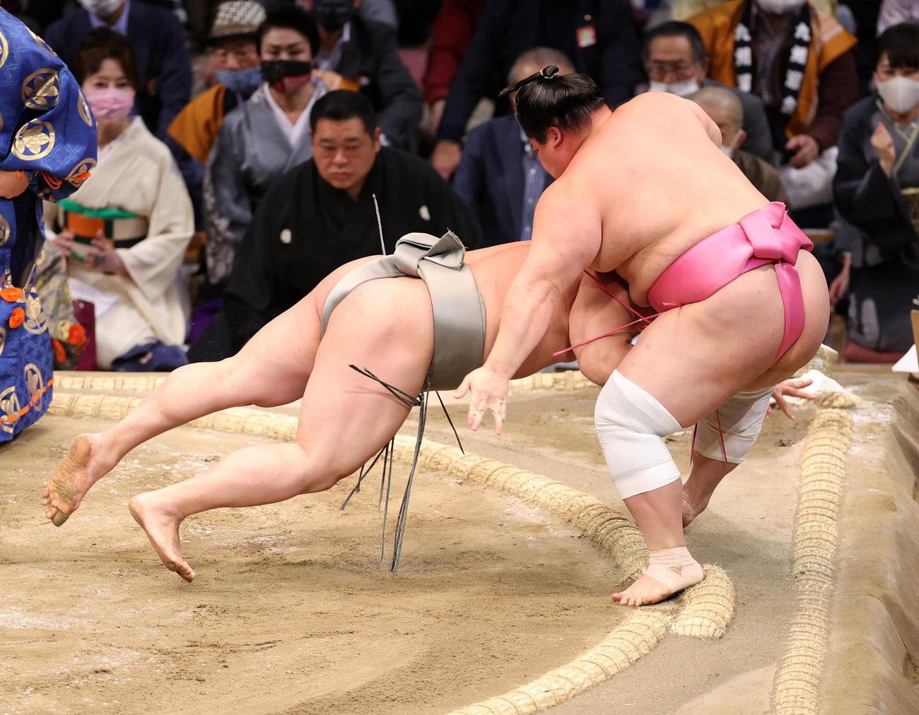 宇良（右）を押し出しで破る若隆景（撮影・鈴木正人）