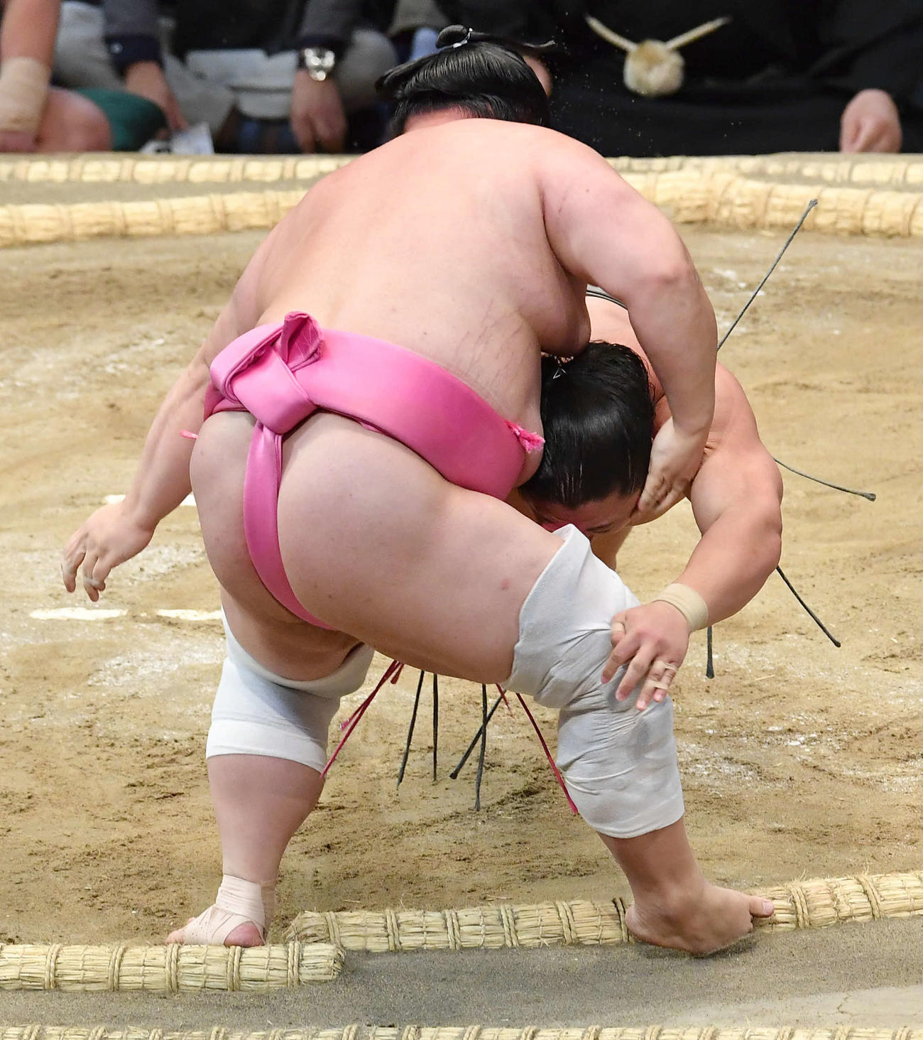 若隆景（右）は宇良を押し出しで破る（撮影・岩下翔太）