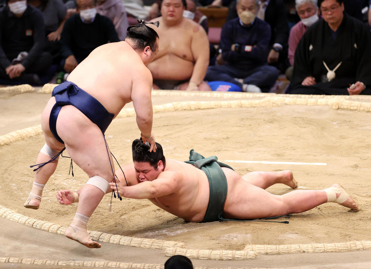 宝富士（左）を押し出しで破る錦木（撮影・鈴木正人）