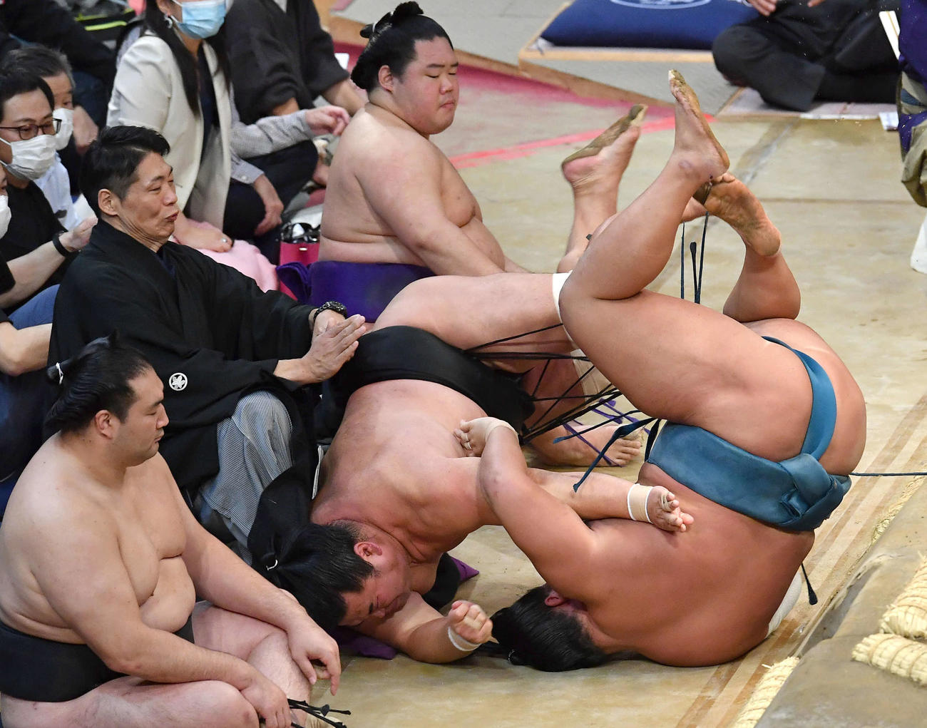 錦富士（右）を寄り倒しで破った妙義龍は、勢いあまって土俵下に落ちる（撮影・岩下翔太）