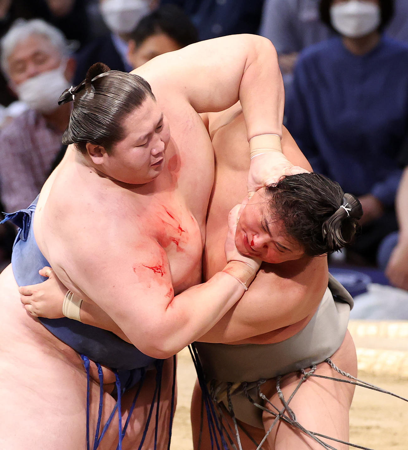 逸ノ城（左）の攻めを耐える若隆景（撮影・鈴木正人）