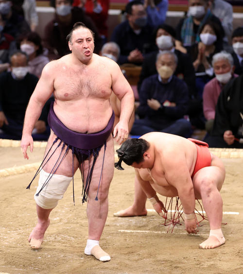 阿武咲(右)をはたき込みで破った栃ノ心(撮影・鈴木正人)