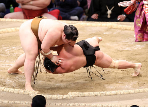 照強(右)を小手投げで破る王鵬(撮影・鈴木正人)