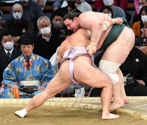 寄り切りで琴恵光(左)に敗れた碧山(撮影・岩下翔太)