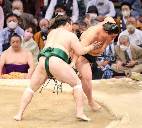 大相撲九州場所8日目 上手出し投げで正代を破る佐田の海(撮影・梅根麻紀)