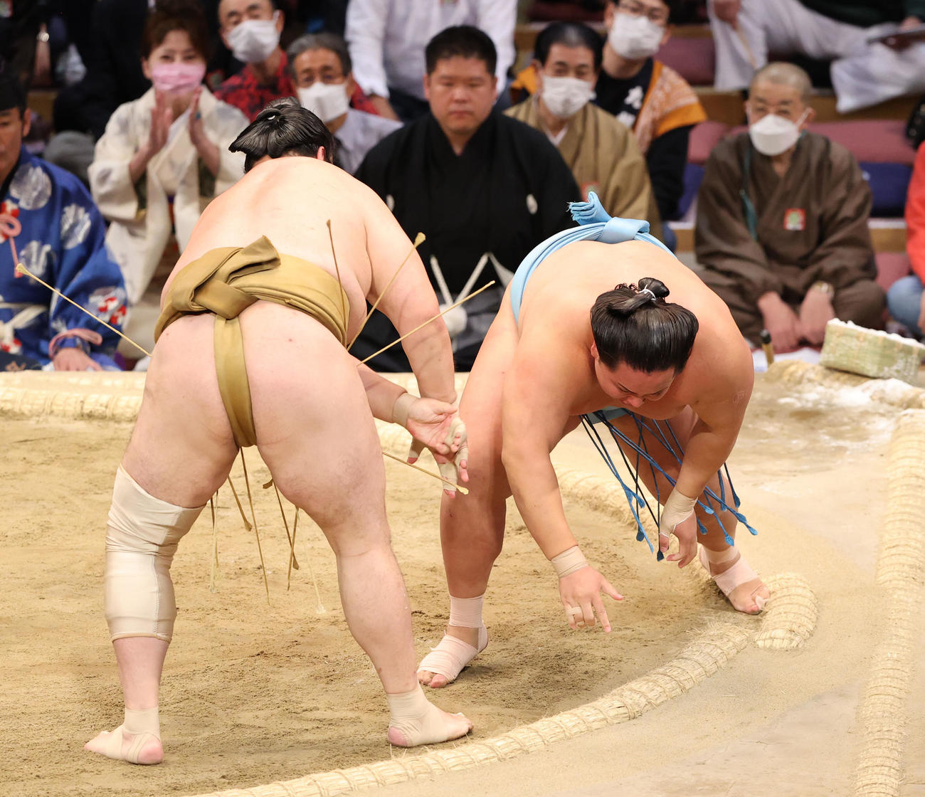 大相撲九州場所9日目　琴勝峰を突き落としで破る輝（左）（撮影・梅根麻紀）