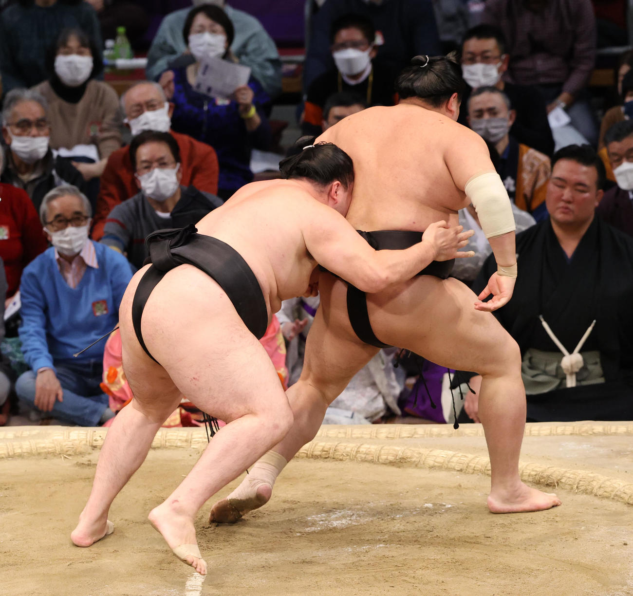 大相撲九州場所10日目　送り出しで阿炎を破る竜電（手前）（撮影・梅根麻紀）