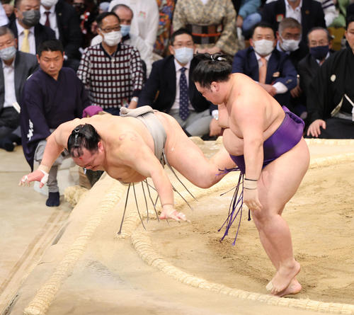 大相撲九州場所10日目　引っかけで北勝富士を破る明生（右）（撮影・梅根麻紀）