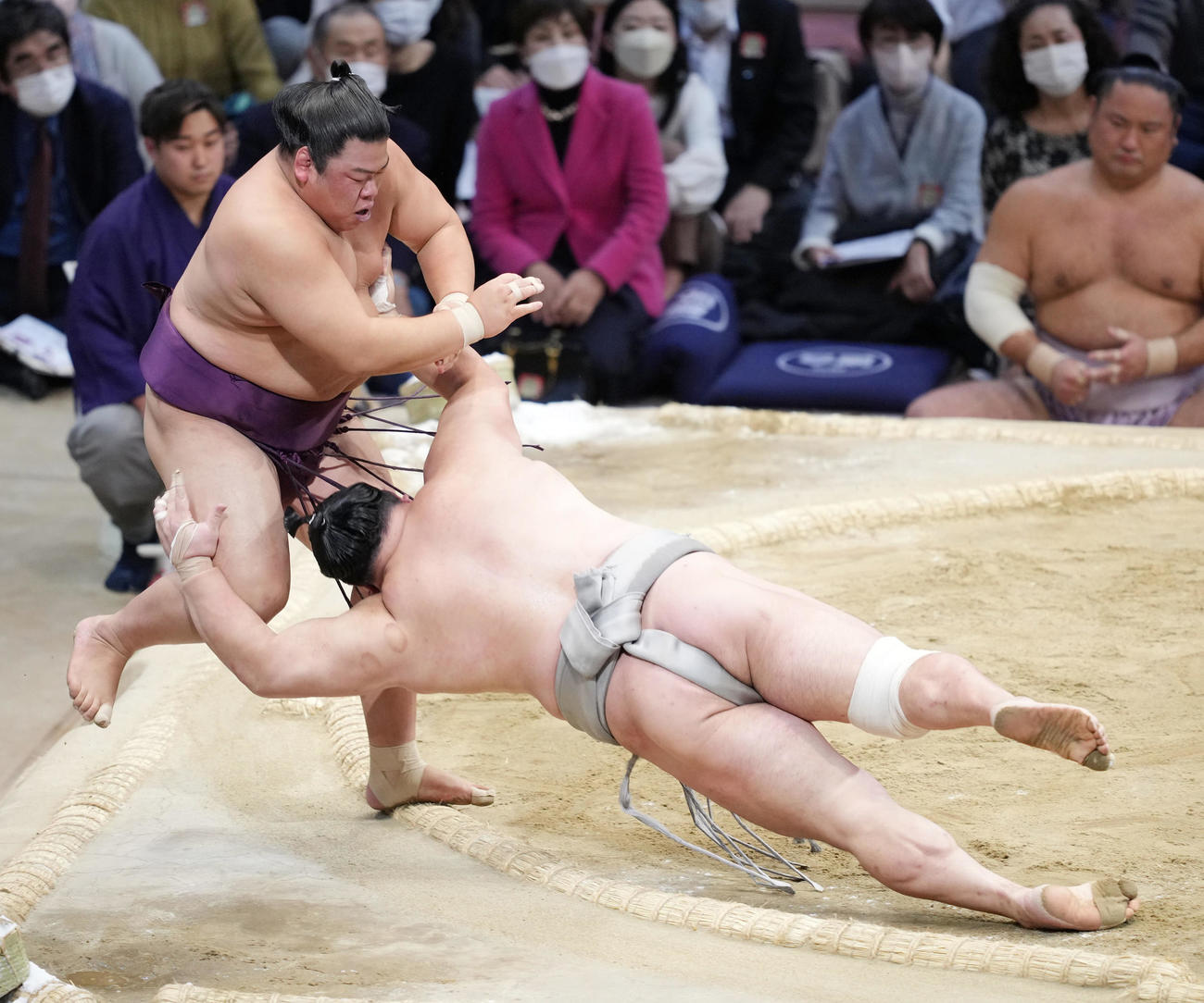 平戸海（左）は突き落としで北勝富士を破る（撮影・小沢裕）
