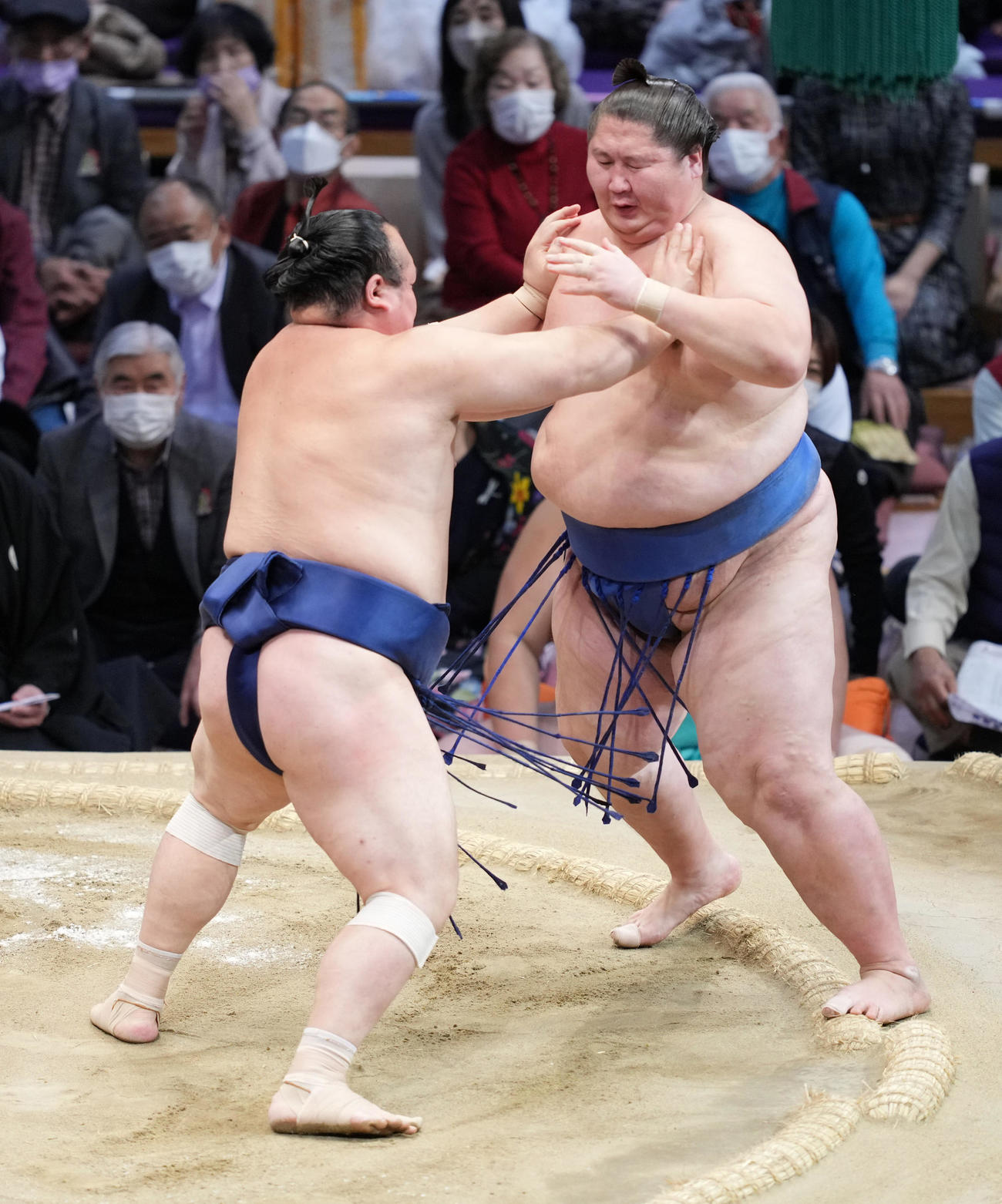 宝富士（左）は逸ノ城を押し出しで破る（撮影・小沢裕）