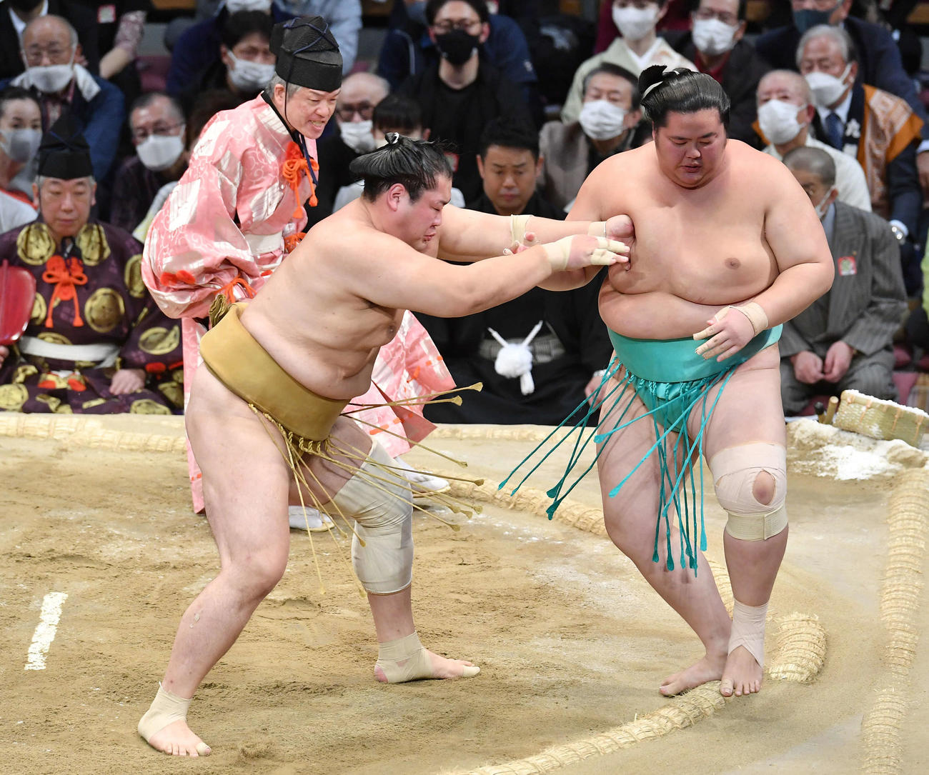 輝（左）は琴ノ若を押し出しで破る（撮影・岩下翔太）