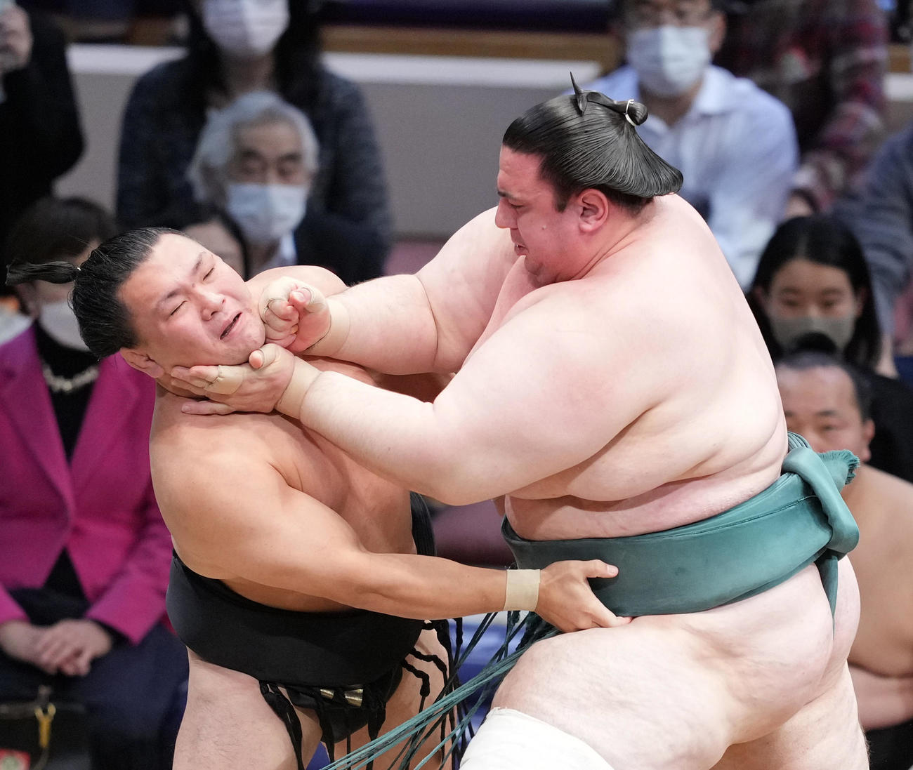 照強（左）を土俵際へ攻め込む碧山（撮影・小沢裕）