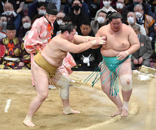 輝（左）は琴ノ若を押し出しで破る（撮影・岩下翔太）