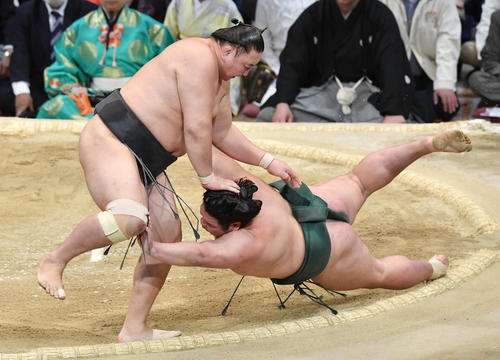 東龍（左）は錦木を上手投げで破る（撮影・岩下翔太）