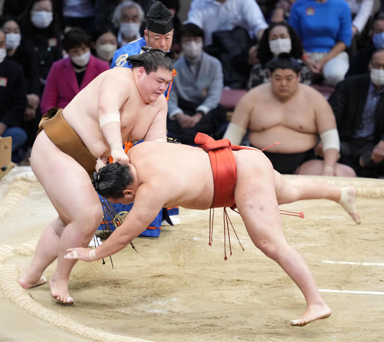 王鵬（左）は豊昇龍をはたき込みで破る（撮影・小沢裕）