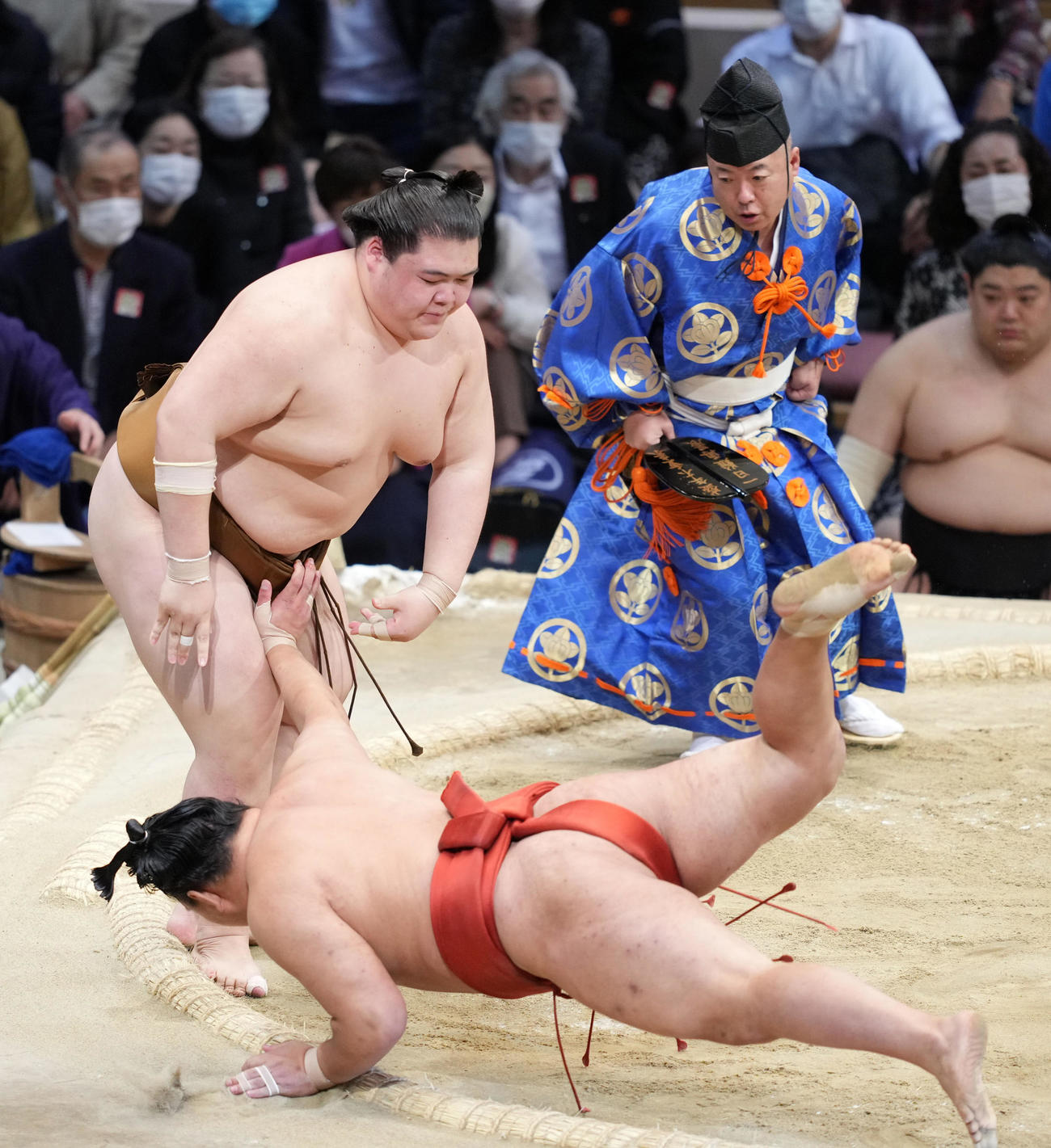 王鵬（左）は豊昇龍をはたき込みで破る（撮影・小沢裕）