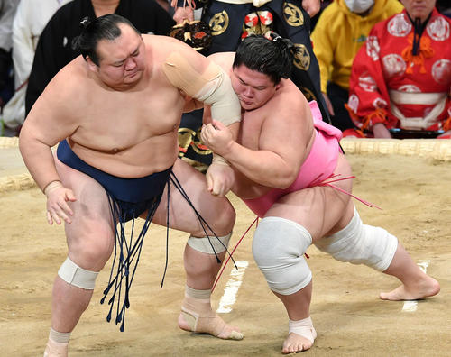 宝富士（左）を攻める宇良（撮影・岩下翔太）