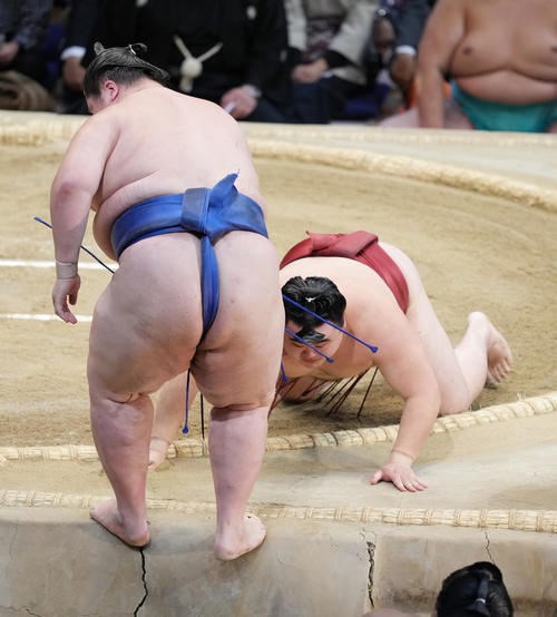 隆の勝（右）は逸ノ城を押し出しで破る（撮影・小沢裕）
