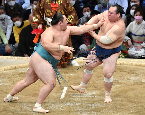 玉鷲（左）は宝富士を押し出しで破る（撮影・岩下翔太）