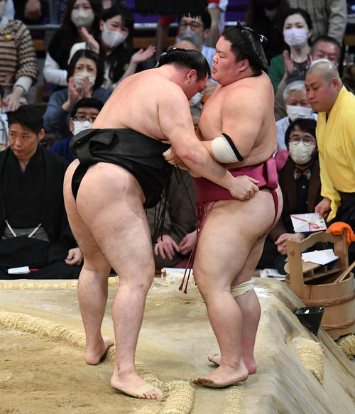 寄り切りで竜電（左）に敗れた大栄翔（撮影・岩下翔太）