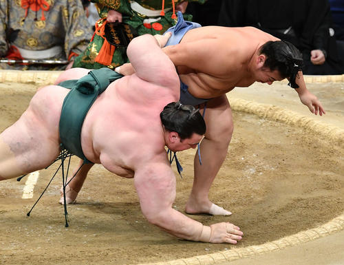 翔猿（右）は碧山を下手投げで破る（撮影・岩下翔太）