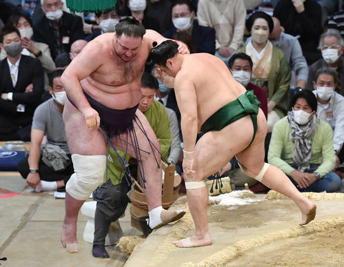 佐田の海（右）は栃ノ心を押し出しで破る（撮影・岩下翔太）
