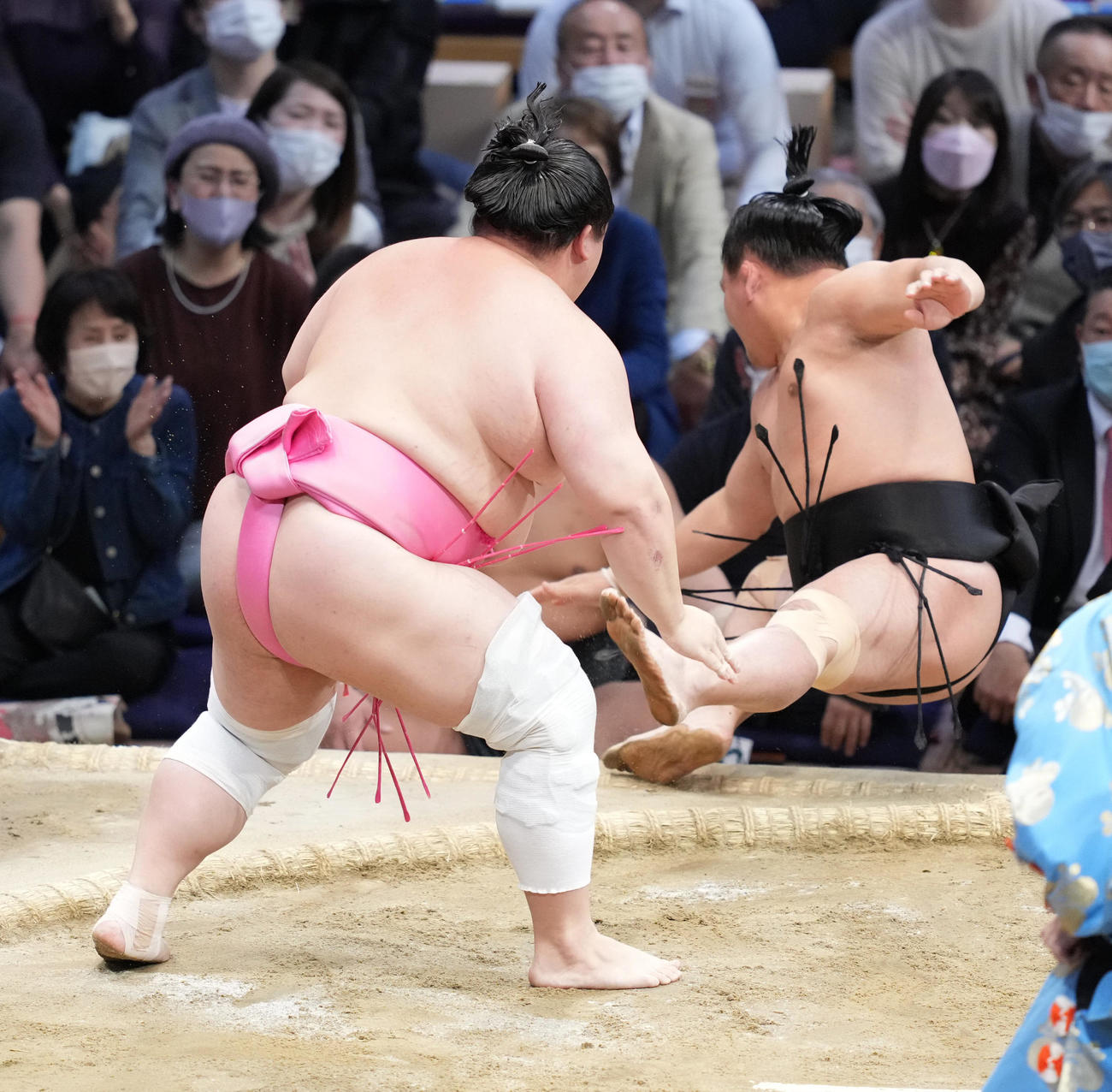 宇良（左）は照強を押し倒しで破る（撮影・小沢裕）
