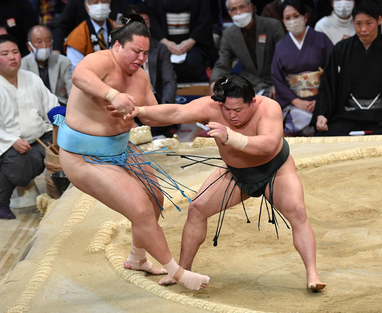 翠富士（右）は琴勝峰を押し出しで破る（撮影・岩下翔太）