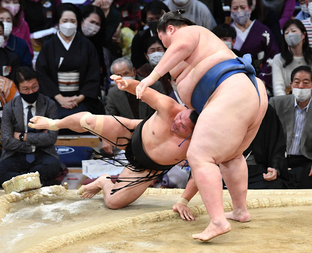上手投げで逸ノ城（右）に敗れた照強（撮影・岩下翔太）