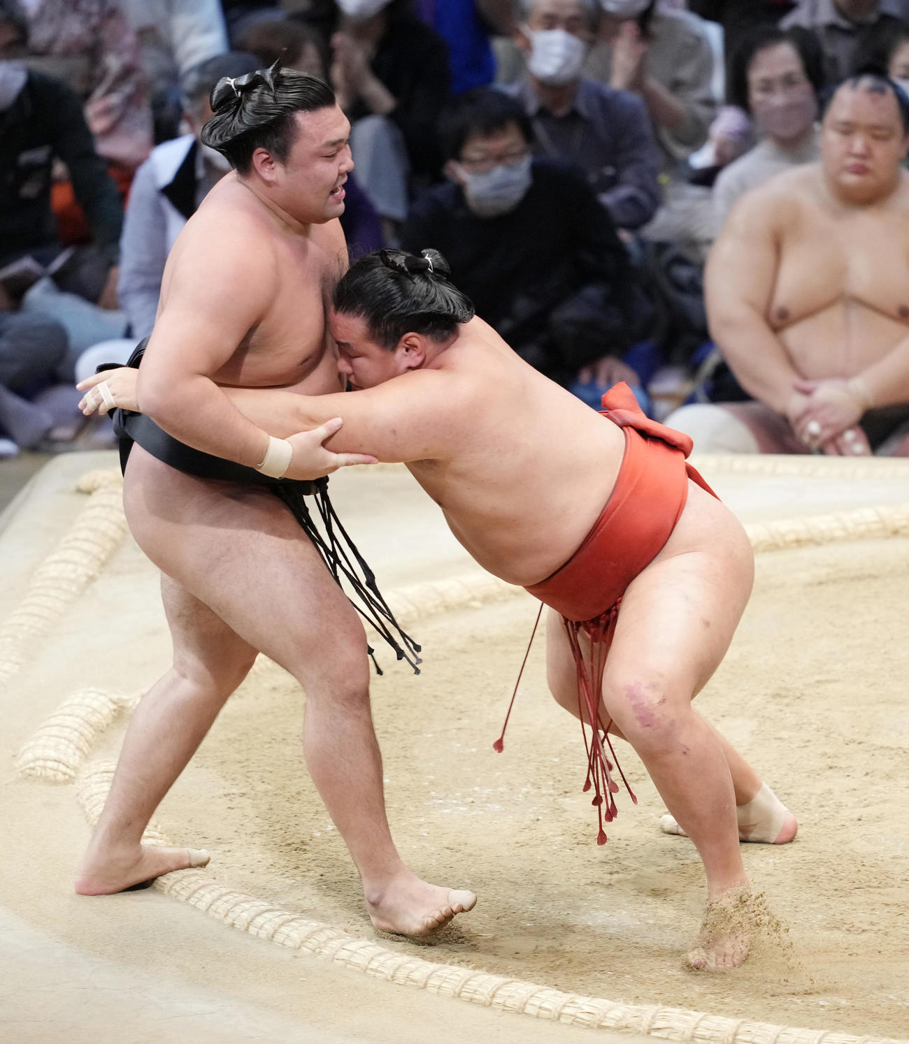 豊昇龍（右）は寄り切りで霧馬山を破る（撮影・小沢裕）
