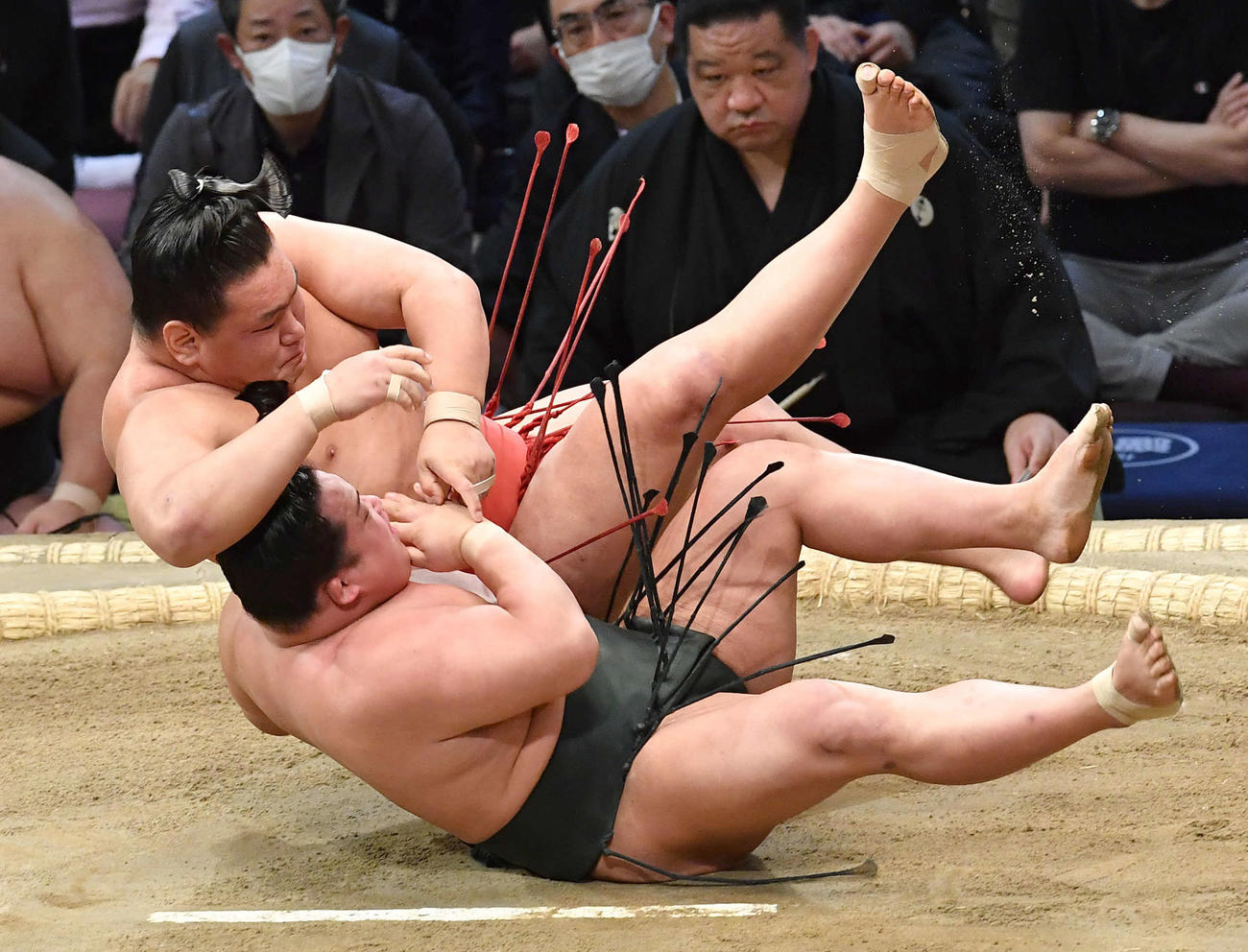 九州場所で、翠富士（下）をかわず掛けで破った豊昇龍