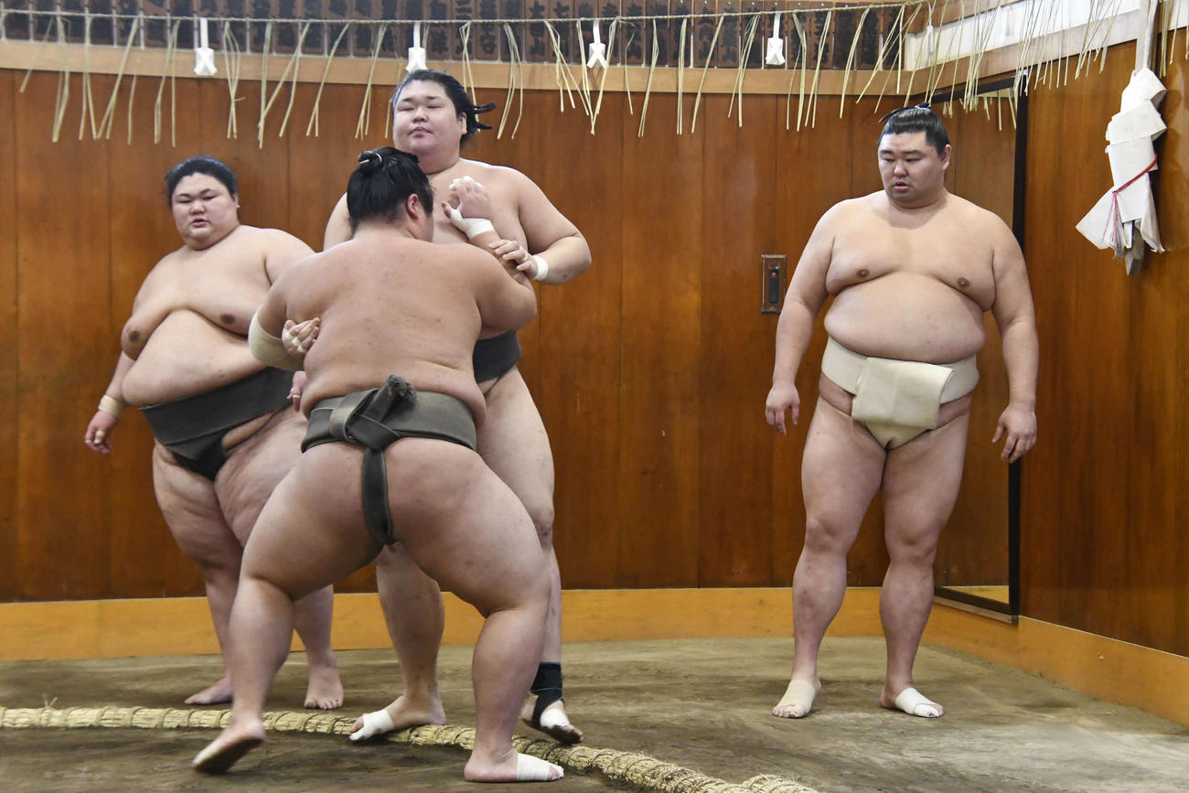 若い衆の相撲を熱心に見守る正代（撮影・平山連）