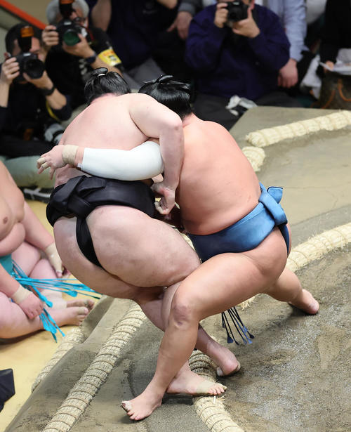 錦富士(右)の勇み足で竜電が勝利する(撮影・足立雅史)