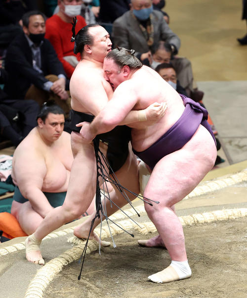 千代翔馬(左)を寄り切りで破る栃ノ心(撮影・鈴木正人)