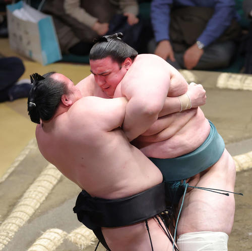 千代翔馬(左)を極め出しで破る碧山(撮影・河田真司)