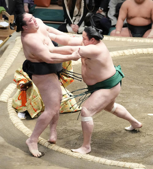 佐田の海は竜電（左）を押し出しで破る（撮影・小沢裕）