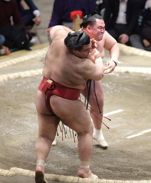 高安（手前）を押し出しで破る玉鷲（撮影・河田真司）