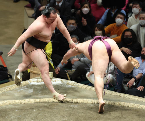 千代翔馬（左）を押し出しで破る遠藤（撮影・中島郁夫）