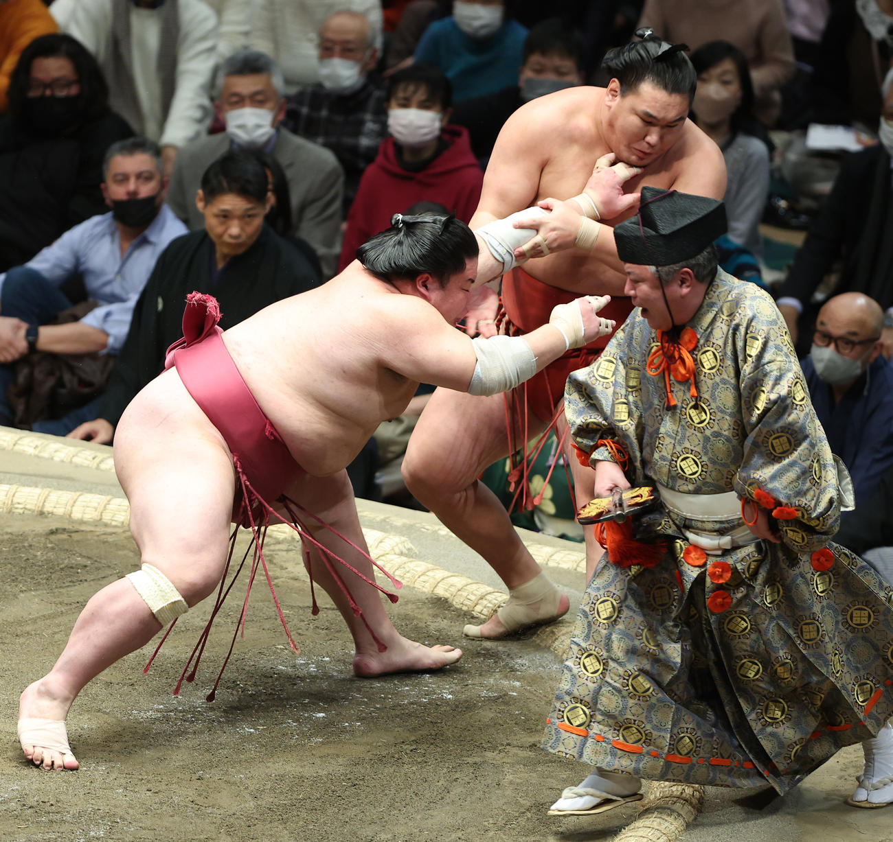 豊昇龍（右）を突き倒しで破る大栄翔（撮影・中島郁夫）