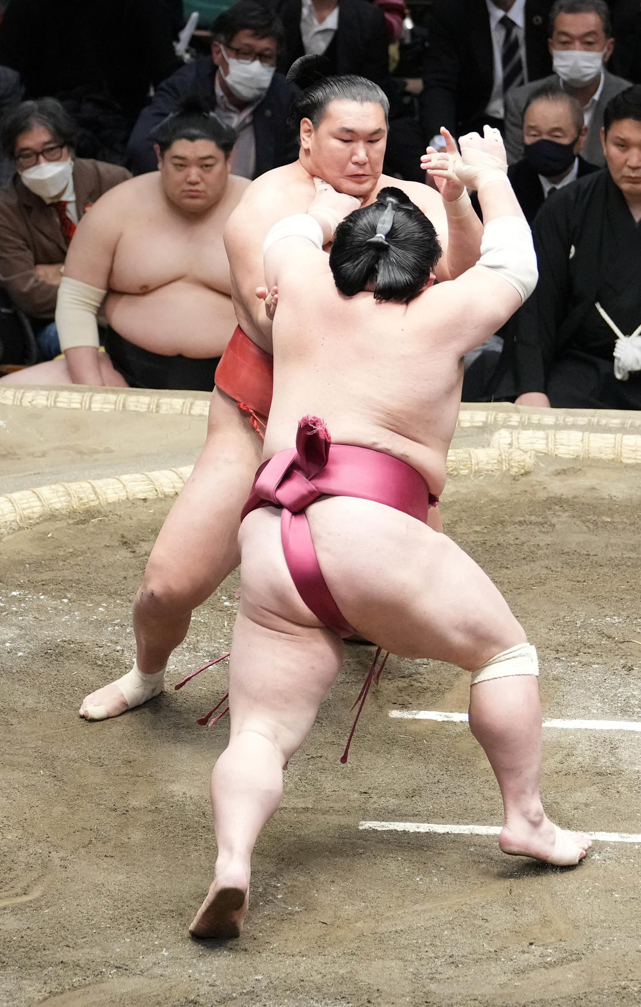 豊昇龍を突き押しで攻める大栄翔（手前）。左土俵下は阿炎（撮影・小沢裕）