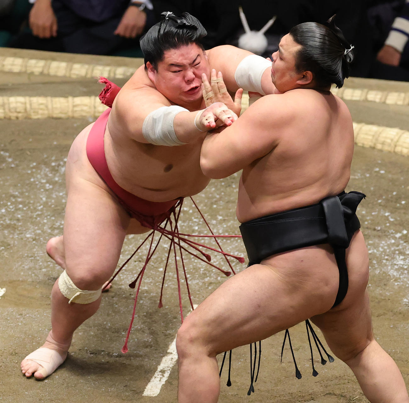 霧馬山（右）を押し出しで破る大栄翔（撮影・野上伸悟）