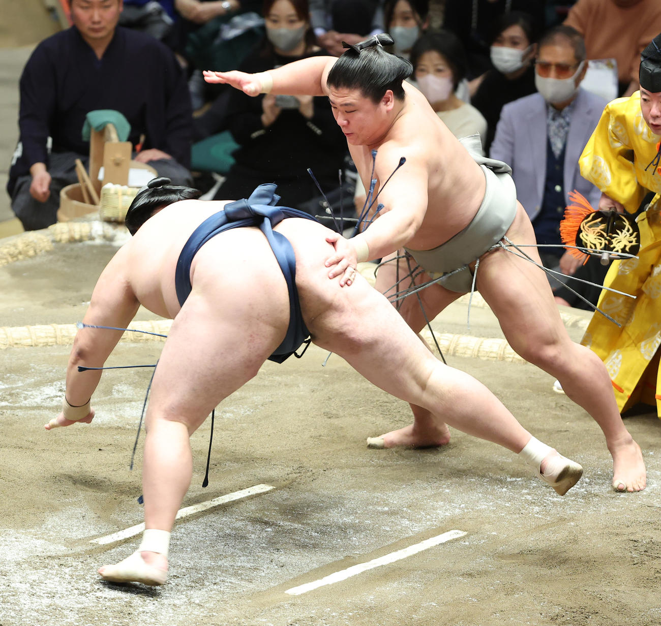 玉鷲（左）をはたき込みで破る若隆景（撮影・中島郁夫）