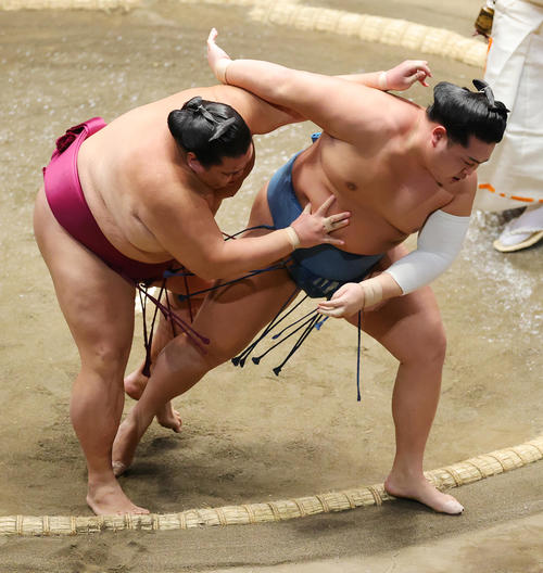 錦冨士(右)を寄りきりで破る御嶽海(撮影・野上伸悟)