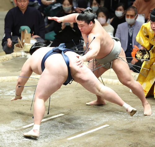 玉鷲(左)をはたき込みで破る若隆景(撮影・中島郁夫)