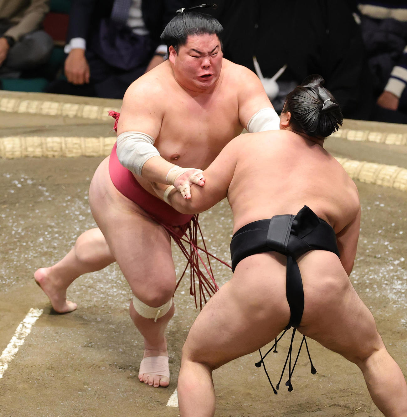 霧馬山（右）を押し出しで破る大栄翔（撮影・野上伸悟）
