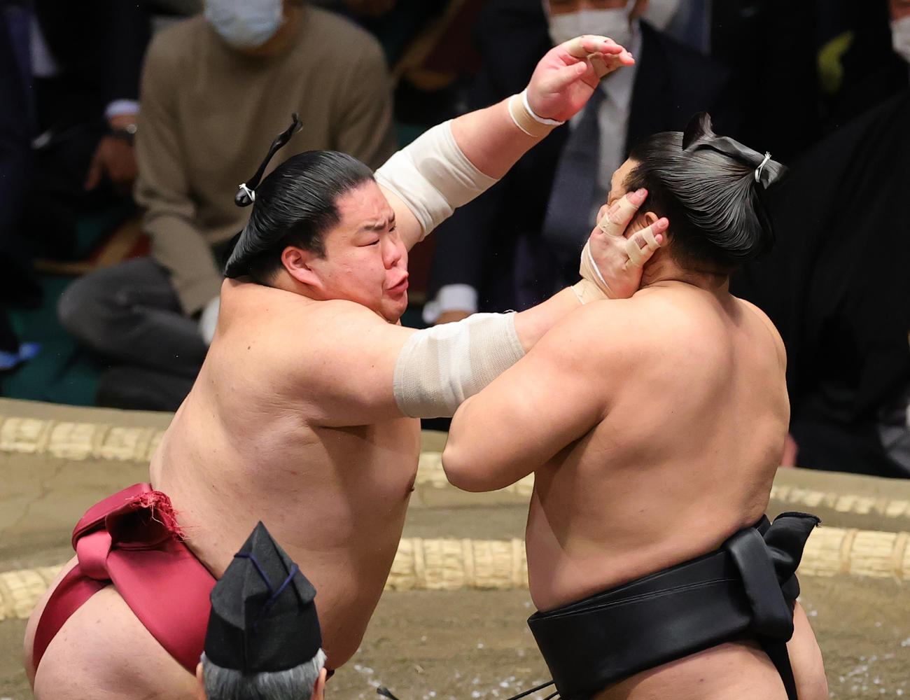 霧馬山（右）と張り合う大栄翔（撮影・野上伸悟）